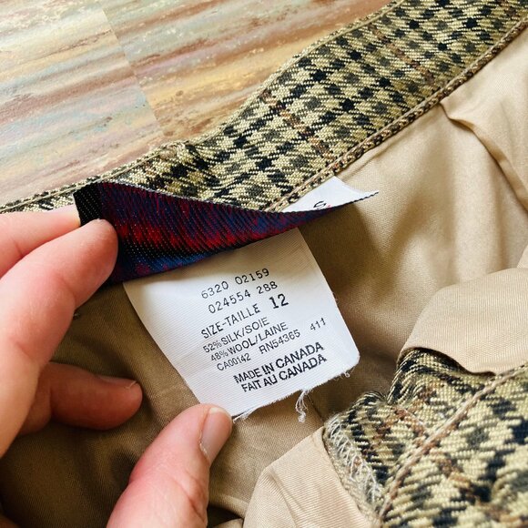Green Check Trousers Silk & Wool Blend Pants Vintage Made in Canada Women's 12P - Picture 7 of 8